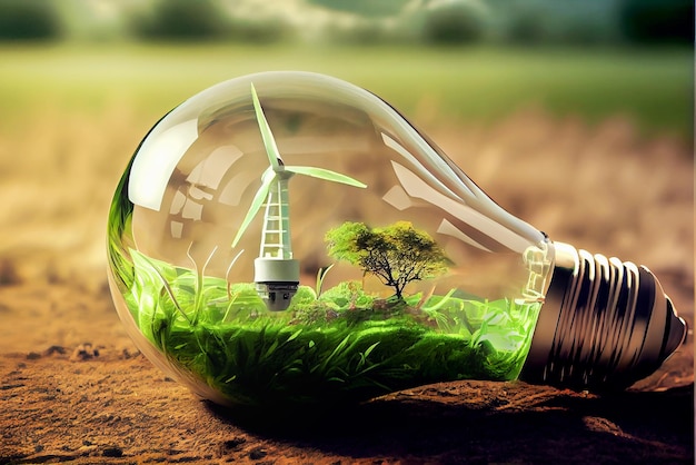 Conceito de eletricidade renovável de geração de usinas eólicas de energia eólica Uma lâmpada em um verde