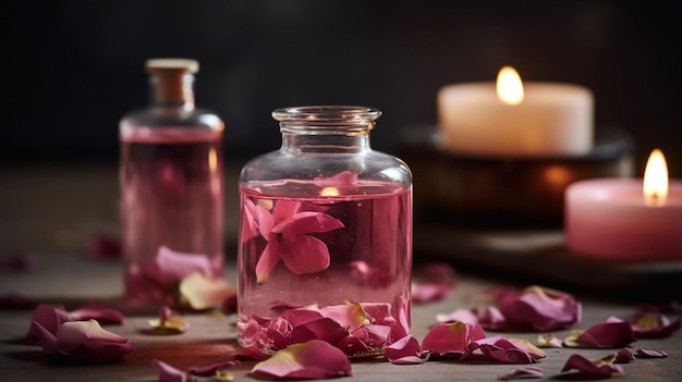 Conceito de Elixir de óleo de rosa essencial orgânico puro com flores rosas florais à base de plantas com vela