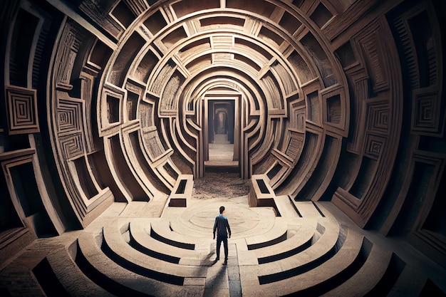 Foto conceito de encontrar a escolha certa na vida o homem no labirinto está procurando a saída figura do homem no labirinto generative ai