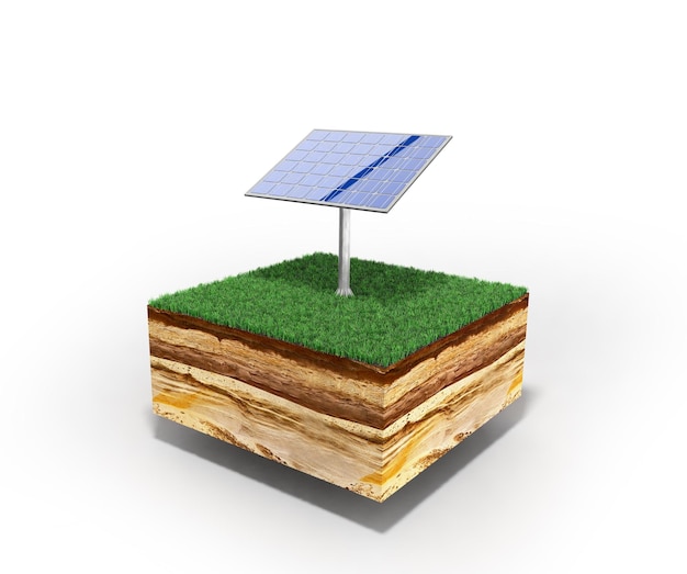 Foto conceito de energia alternativa ilustração 3d de seção transversal de solo com grama isolada em branco