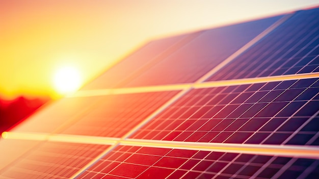 Conceito de energia elétrica natural Fundo sustentável do pôr do sol sobre o painel de células solares solares