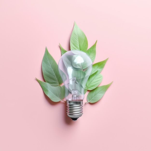 Conceito de Energia Renovável e Vida Sustentável retratado por uma visão superior de uma lâmpada ecológica feita de folhas frescas contra um pano de fundo de cor pastel Generative AI