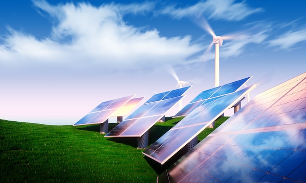 Conceito de energia renovável - fotovoltaica com turbinas eólicas na natureza