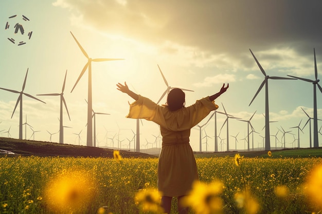 Conceito de energia renovável limpa de vento com mulheres muito alegres no campo generativo ai