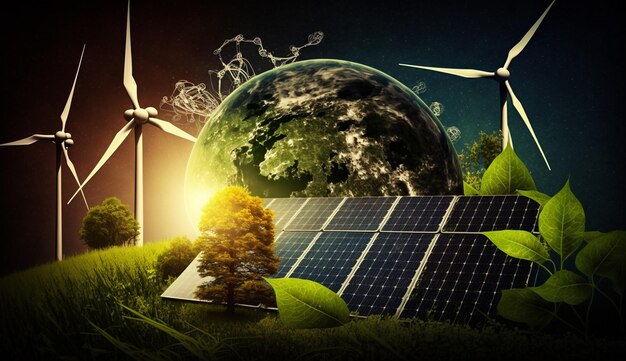 Foto conceito de energia renovável verde e energia eólica ilustrador de ia generativa