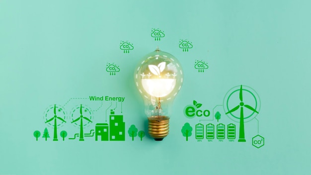 Conceito de energia verde lâmpada com ícone ecológico em fundo verde ESG ou governança social ambiental A empresa desenvolveu uma estratégia de conservação da natureza