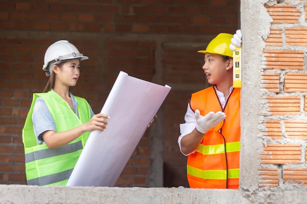 Conceito de engenheiro O construtor feminino segurando o esquema de construção enquanto o cara construtor escala a superfície do edifício.