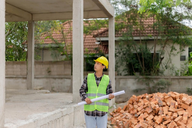 Conceito de engenheiro o jovem engenheiro vestindo uma camisa xadrez preta coberta com uma camisa verde claro e um capacete de segurança amarelo apontando para o segundo andar do edifício.