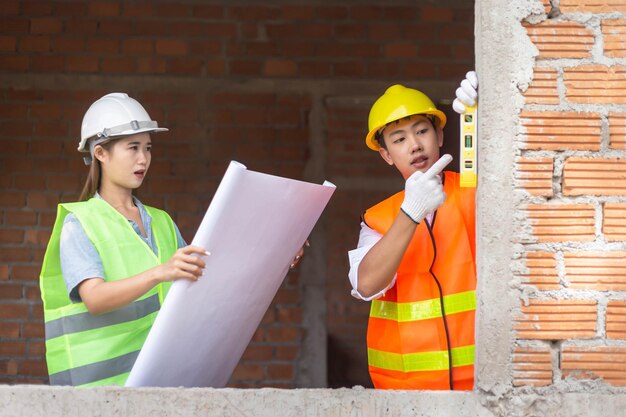 Conceito de engenheiro Os dois diretores de construção com capacete e máscara ao lado do prédio