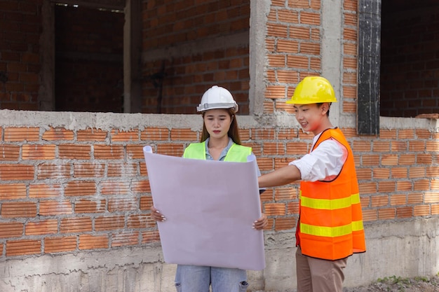 Conceito de engenheiro Os dois diretores de edifício com um capacete e uma máscara ao lado do edifício e olhando para o diagrama do edifício.