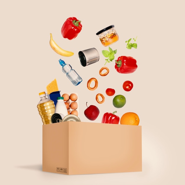 Conceito de entrega de alimentos Caixa de doação legumes frescos frutas e alimentos Entrega em domicílio segura Comida voadora