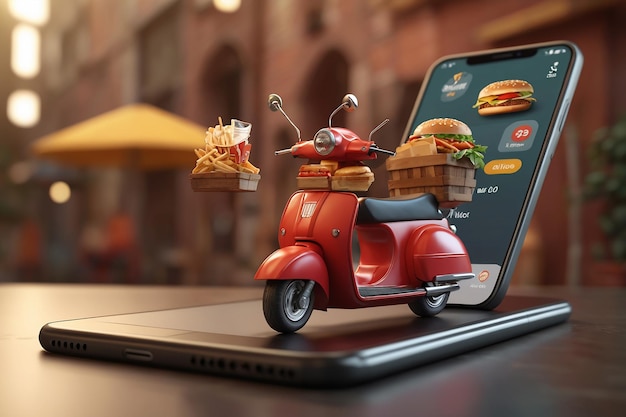 Conceito de entrega de fast food Scooter e hambúrguer na tela do smartphone Ilustração 3D