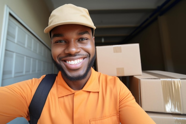 Foto conceito de entrega de pacotes de homem afro-americano