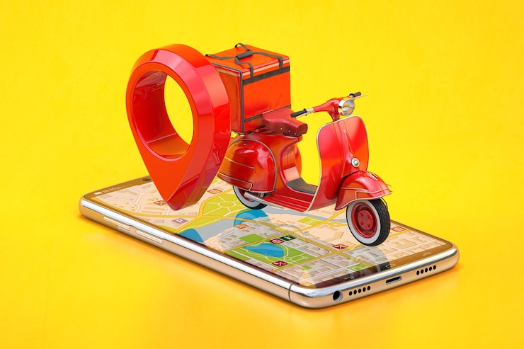 Foto conceito de entrega expressa online rápida scooter vermelho com saco de entrega e pino na tela do smartphone