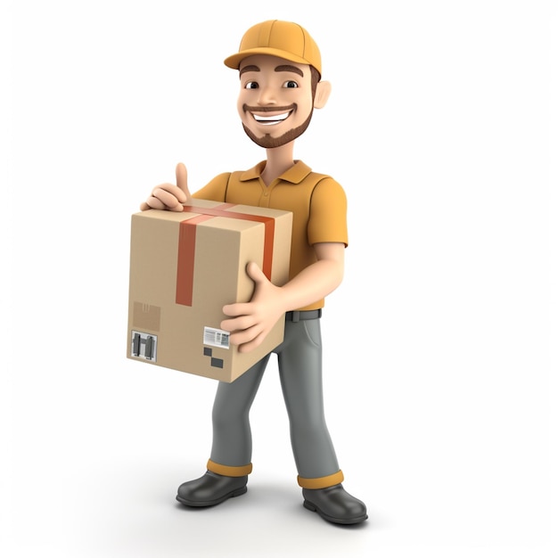 Foto conceito de entrega on-line o entregador de macacão segura uma ilustração 3d de caixa personagem de desenho animado