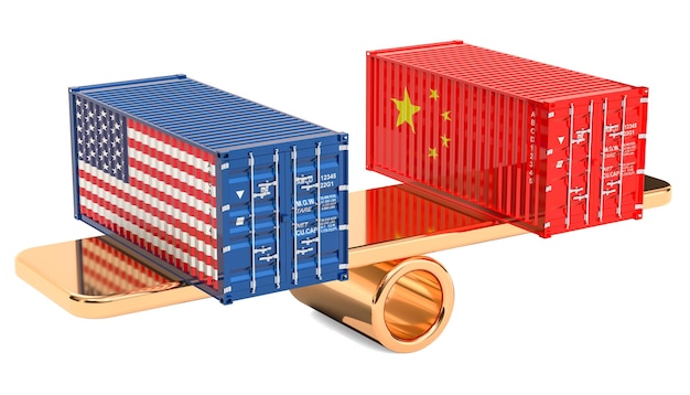 Conceito de equilíbrio comercial e tarifário da China ou dos EUA renderização em 3D