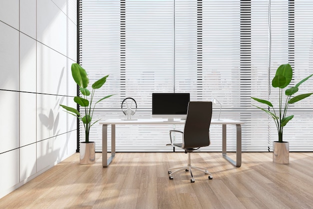 Conceito de escritório em casa com design de interiores estilo eco mesa minimalista branca cadeira preta e plantas verdes em vasos de flores no piso de madeira e janela enorme com vista para a cidade atrás das cortinas renderização em 3D