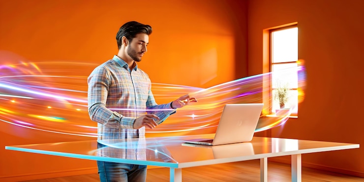 Foto conceito de espaço de trabalho dinâmico e criativo com formas e linhas abstratas em stock photo