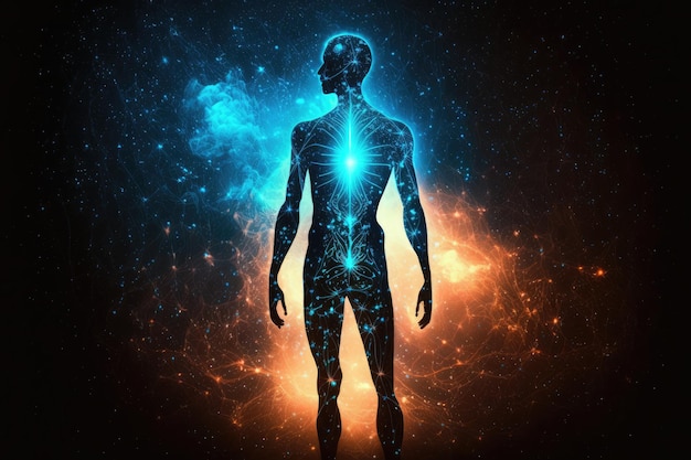 Conceito de espaço Syber de arte gerada por IA de silhueta de corpo astral brilhante rede neural