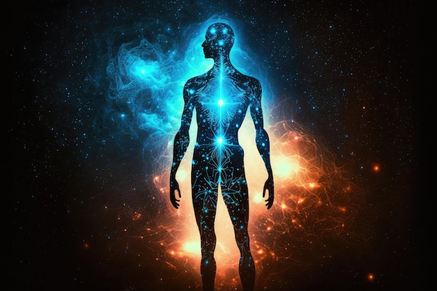 Conceito de espaço Syber de arte gerada por IA de silhueta de corpo astral brilhante rede neural