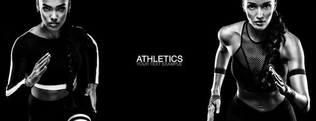 conceito de esporte foto em preto e branco Uma sprinter de mulheres atléticas fortes correndo isolada em preto vestindo roupas esportivas fitness e motivação esportiva conceito de corredor