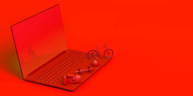 Conceito de esporte online com laptop bicicleta luva de boxe haltere app ilustração 3d copiar espaço