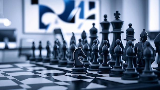 Conceito de estratégia de negócios com figuras no tabuleiro de xadrez em close-up