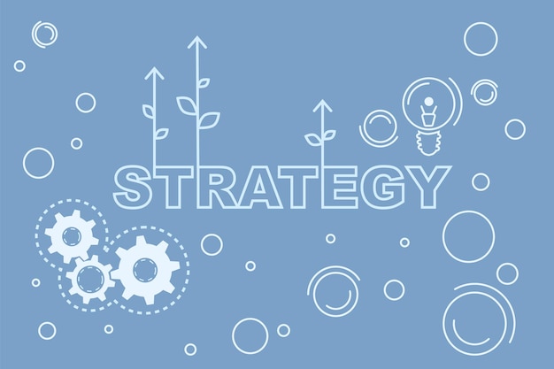 Conceito de estratégia de negócios com ilustração de palavras em fundo azul com engrenagens e lâmpada