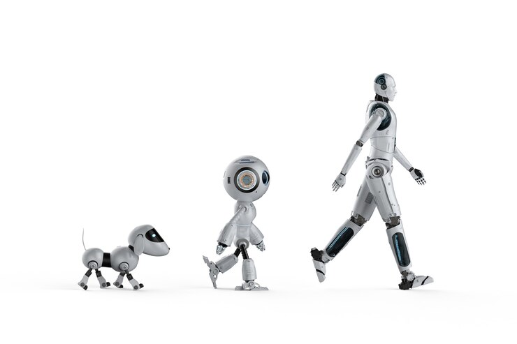 Foto conceito de evolução de tecnologia com cão robô de renderização 3d, mini robô e ciborgue
