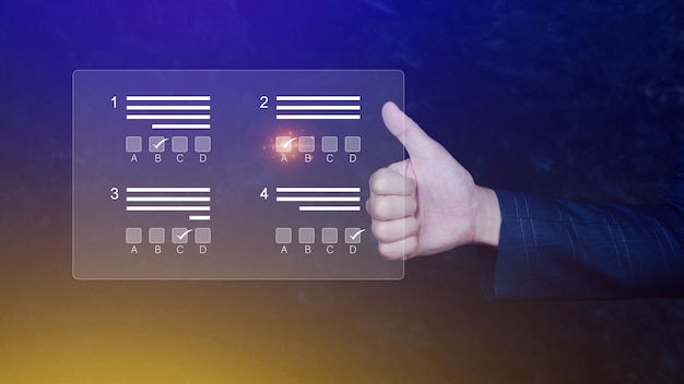 Foto conceito de exame on-line, escolha a resposta correta na lista de verificação do teste e teste de teste on-line, resultados do questionário on-line no questionário da área de trabalho