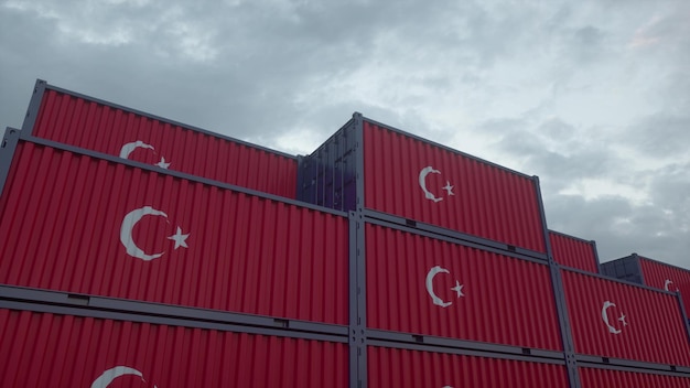 Foto conceito de exportação ou importação da turquia os contentores com bandeira da turquia estão localizados no terminal de contêineres ilustração 3d