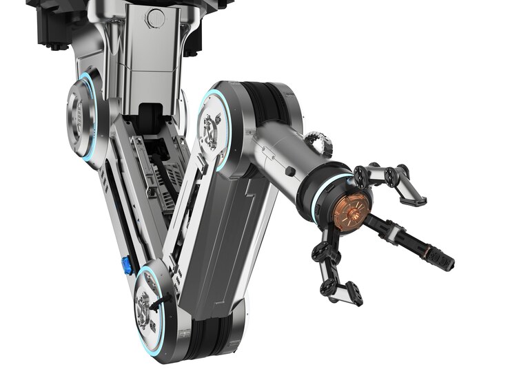 Conceito de fábrica de automação com braço robótico de renderização 3D