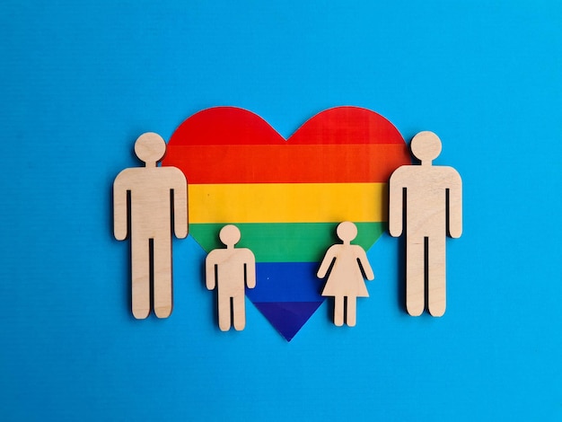 Conceito de família LGBT Figuras familiares no fundo da bandeira do coração do arco-íris