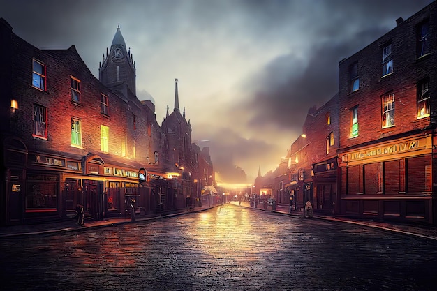 Conceito de fantasia da visão noturna da Temple Bar Street em Dublin, Irlanda, estilo de cor de água Pintura fotorrealista de cor de água Pintura de ilustração de estilo de arte digital