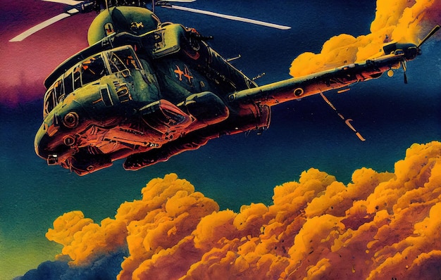Conceito de fantasia de helicóptero militar ao pôr do sol vista lateral horizontal horizonte Pastell cores arte digital estilo ilustração pintura