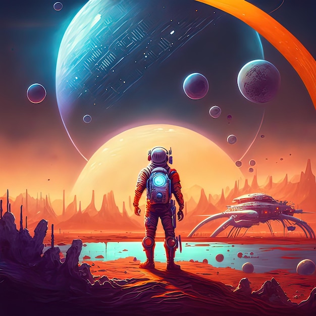 Conceito de fantasia de um astronauta na superfície do planeta com astronauta de fundo espacial andando na lua vestindo cosmosuit futuro conceito pintura de ilustração de estilo de arte digital