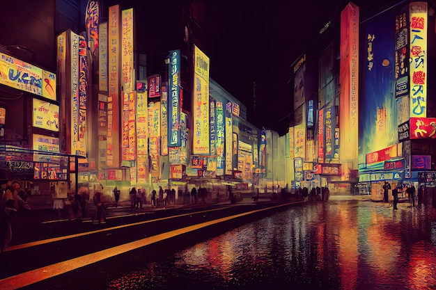 Conceito de fantasia de uma cidade noturna de AkihabaraTóquio Japão estilo de cor de água Pintura fotorrealista em cor de água Pintura de ilustração de estilo de arte digital