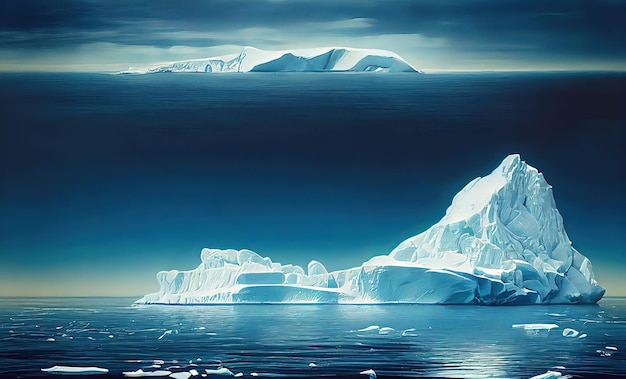 Conceito de fantasia de uma paisagem marítima da Antártica com um iceberg Pintura de arte surreal Pintura de ilustração de estilo de arte digital