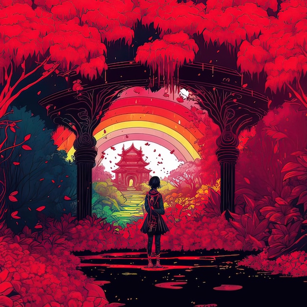 Conceito de fantasia mostrando um grande arco-íris colorido em um jardim de fantasia encantado pintura de arte digital