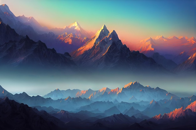 Conceito de fantasia mostrando um Hushe Valley Karakoram Mountains Paquistão Laila Peak cria uma das paisagens montanhosas mais impressionantes da Terra ilustração estilo de arte digital pintura horizonte