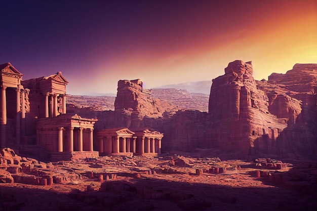 Conceito de fantasia mostrando uma Petra Jordan Um enorme templo antigo esculpido nas falésias da Jordânia