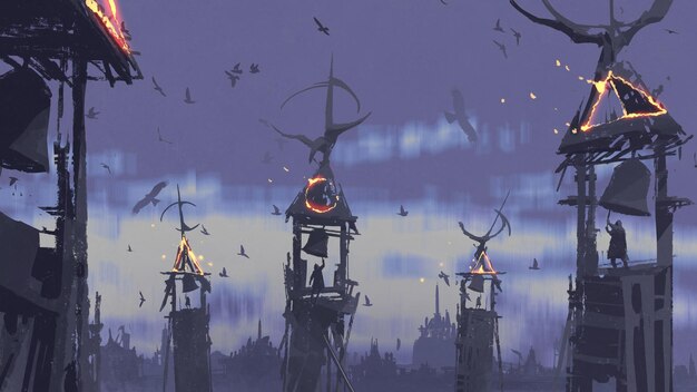 Conceito de fantasia sombria de pessoas tocando o sino na torre contra pássaros voando no céu noturno, estilo de arte digital, pintura de ilustração