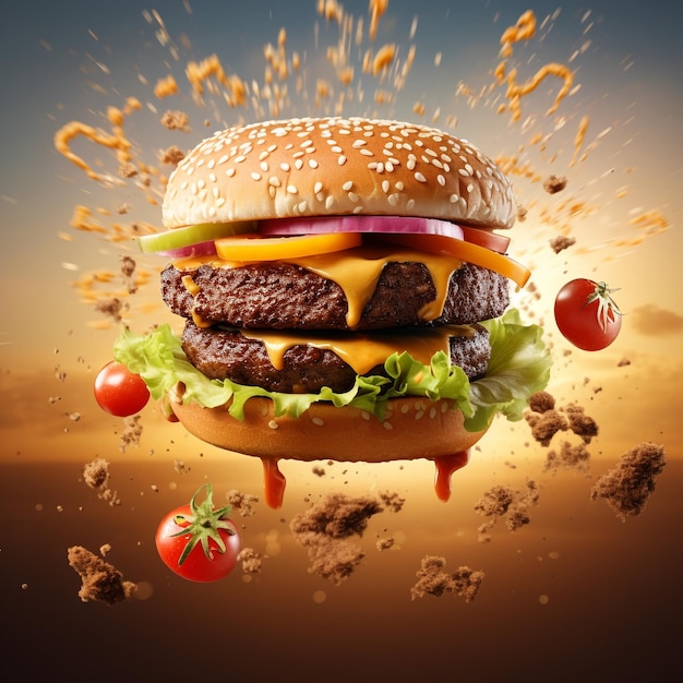 conceito de fast food hambúrgueres voadores ingredientes