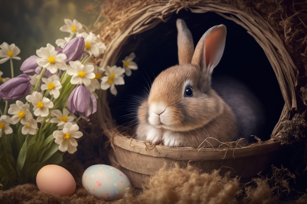 Conceito de feliz páscoa Coelhinho fofo no ninho com ovos de páscoa pintados e fundo festivo de férias de flores