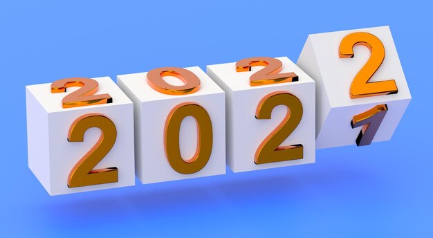 Conceito de férias de ano novo. Cubos com o número 2022 substituem 2021. Renderização 3D