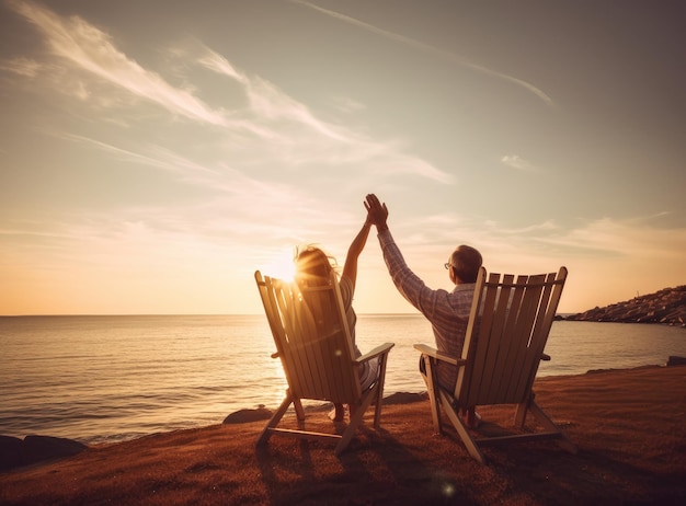 Conceito de férias de aposentadoria feliz casal aposentado desfrutando do belo pôr do sol na praia