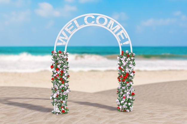 Conceito de férias de verão. Belo arco de decoração, portão ou portal com flores e sinal de boas-vindas em um close up extremo da costa deserta do oceano. Renderização 3D