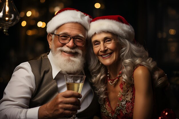 Foto conceito de férias em família idade e pessoas feliz casal de idosos vestindo chapéus de ajudante de papai noel