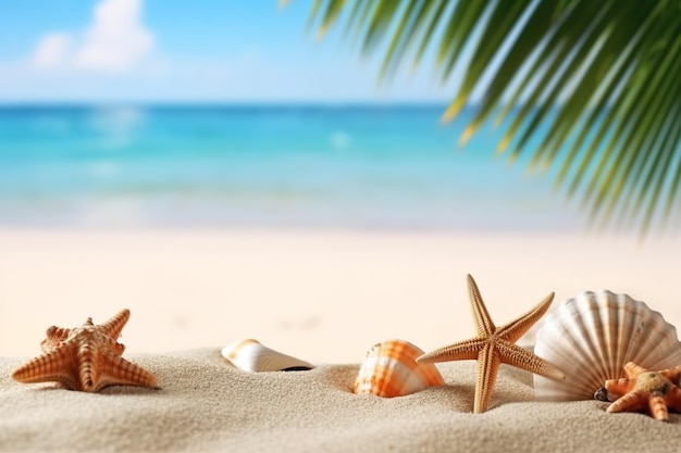 Conceito de férias estrela do mar e conchas na praia