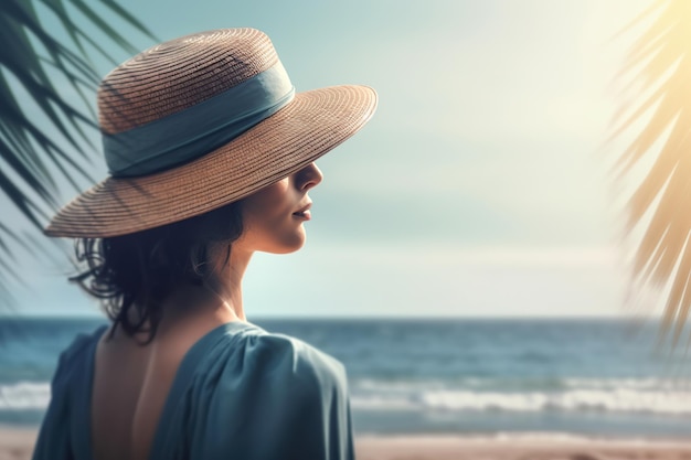 Conceito de férias na praia de verão Mulher com chapéu relaxando à beira-mar e desviando o olhar Generative AI